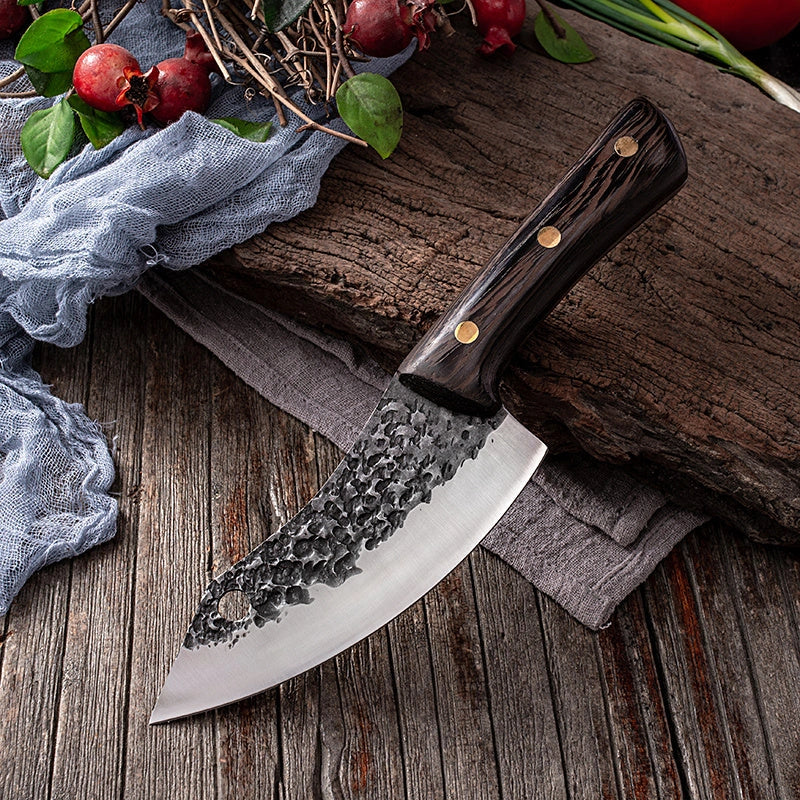 Premium forged picnic knife with leather sheath and solid wood handle
