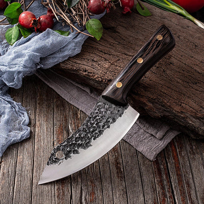 Premium forged picnic knife with leather sheath and solid wood handle