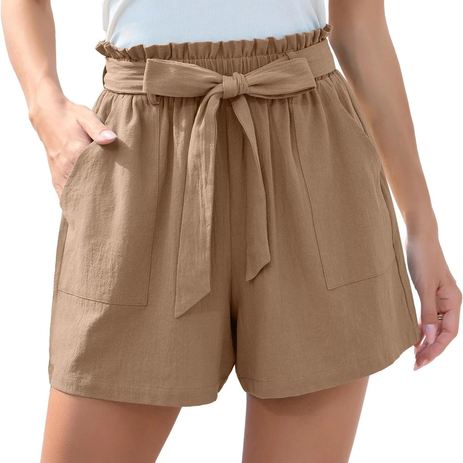 Stylish high waist women's shorts with ruffle bow tie detail and pockets for summer