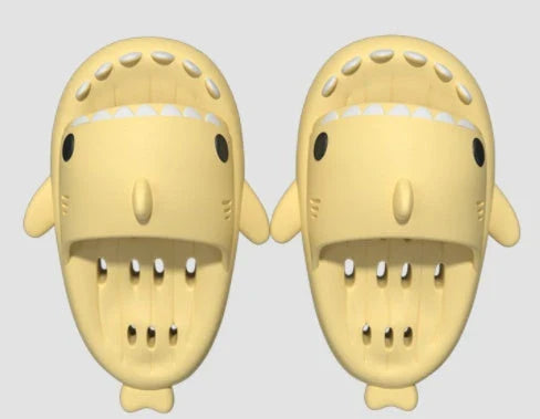 Fashionable shark-themed shower slides with drainage holes, featuring a realistic shark design, quick-drying EVA material, and non-slip traction.