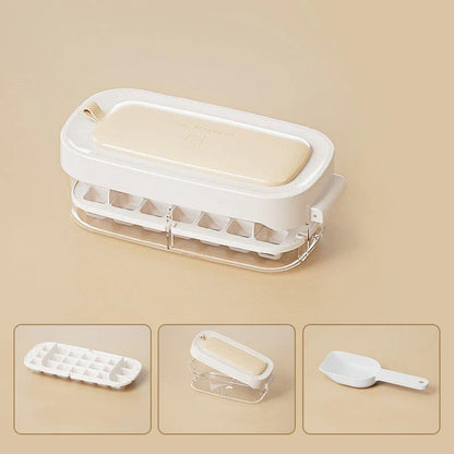 Versatile ice cube tray with high capacity, easy release, and dedicated storage compartment for included ice shovel