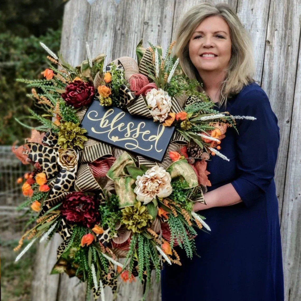 Cheetah print autumn wreath with gold and black bow for front door decoration