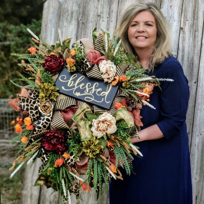Cheetah print autumn wreath with gold and black bow for front door decoration