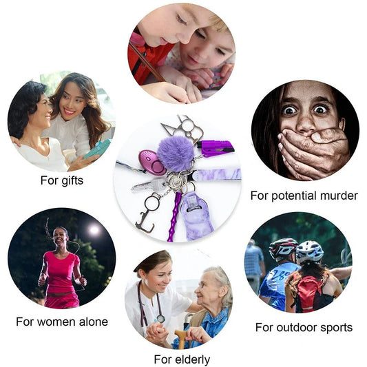 Self Defense Keychain Set for Women with 11 Safety Accessories including alarm and window breaker