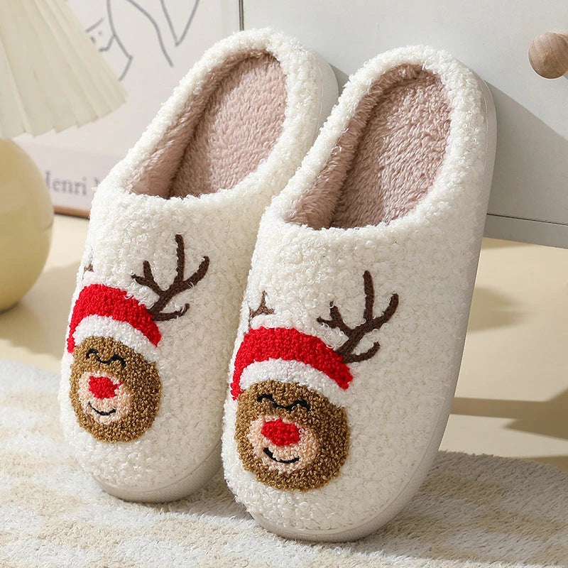 Cozy Christmas slippers in festive designs like Santa Claus, Moose, and Gingerbread Man, featuring plush lining and durable soles