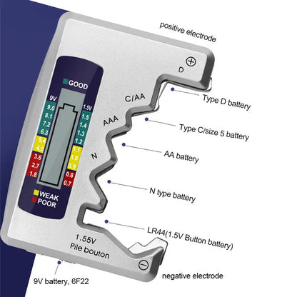 Universal Digital Battery Tester with LCD display for checking AA, AAA, 9V, and button cell batteries