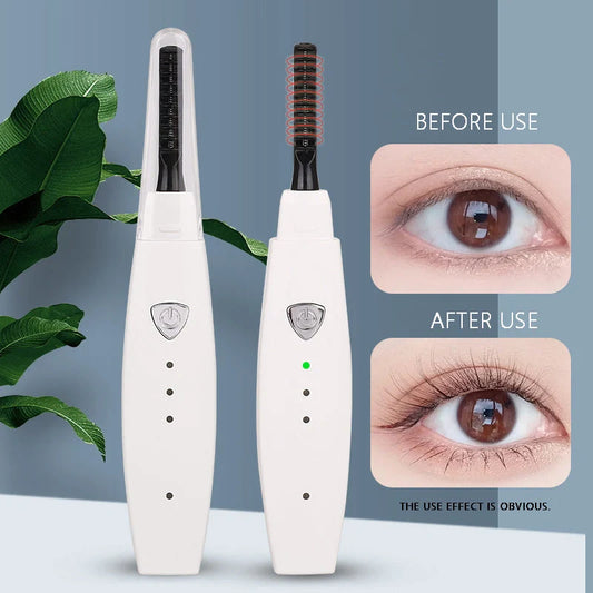 USB rechargeable electric heated eyelash curler in white, pink, black, and blue