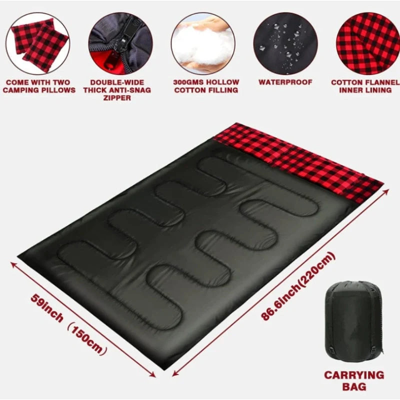 Outdoor camping flannel sleeping bag with pillow, available in black and red stripes or blue with blue ribbon