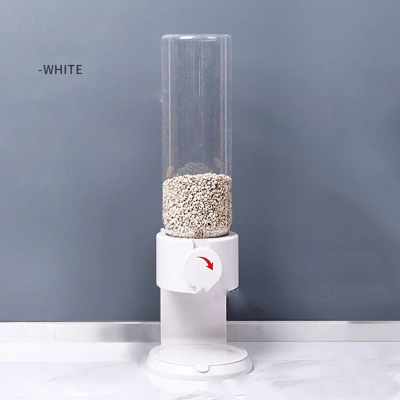 Airtight food storage bottles in white, blue, black, and pink, with transparent body and sealing lid