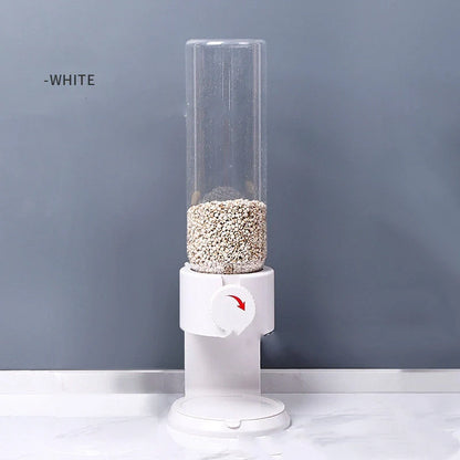Airtight food storage bottles in white, blue, black, and pink, with transparent body and sealing lid