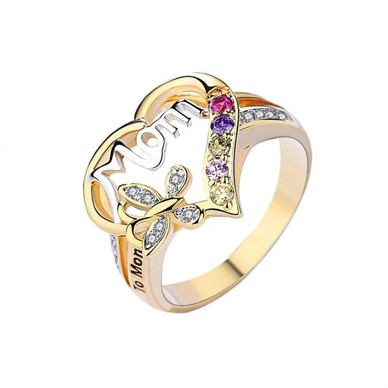 Elegant rhinestone heart-shaped ring in gold color with a dazzling array of multicolored rhinestones