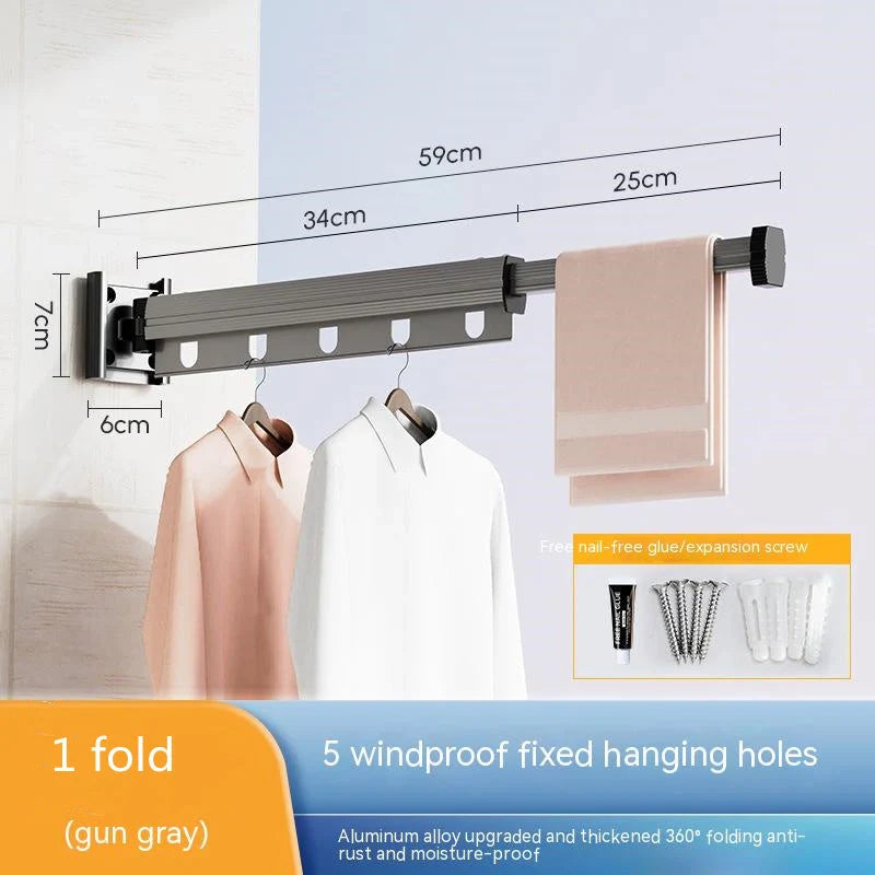 Aluminium suction cup folding clothes hanger with retractable drying rack for space-saving laundry drying