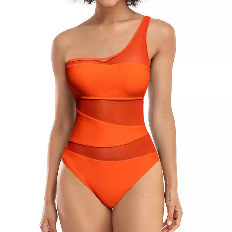 Women's orange polyester bikini swimsuit with mesh detail, sizes S, M, L