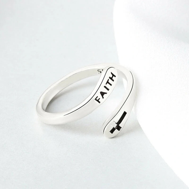 Adjustable Vintage Faith Letters Cross Ring in sterling silver with geometric design