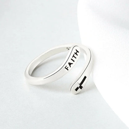 Adjustable Vintage Faith Letters Cross Ring in sterling silver with geometric design