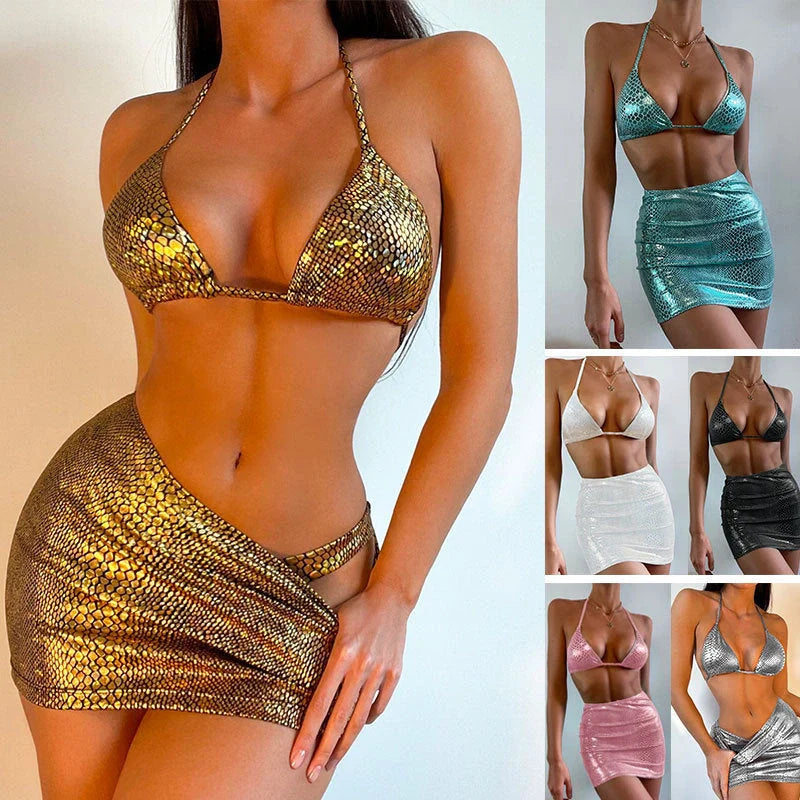 Women's snake pattern bikini set with cover up skirt in various colors