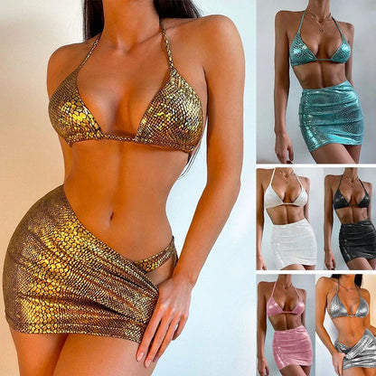 Women's snake pattern bikini set with cover up skirt in various colors