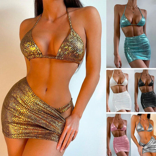 Women's snake pattern bikini set with cover up skirt in various colors