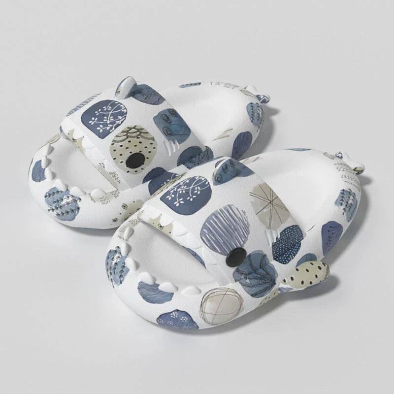 Cute shark-themed slippers with heart print design in various vibrant colors
