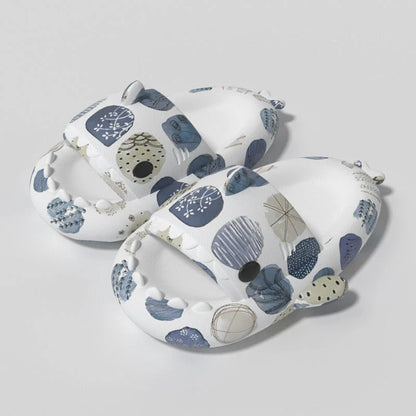 Cute shark-themed slippers with heart print design in various vibrant colors