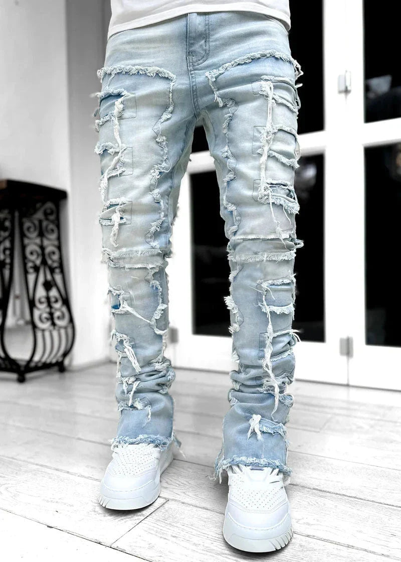 Stylish patched jeans with tight fit and stacked leg design in a variety of fashionable colors