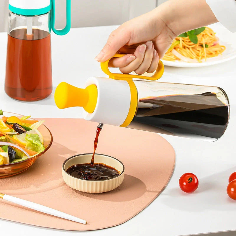 2-in-1 oil dispenser with silicone brush for BBQ and cooking, available in yellow, green, and brown