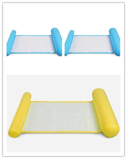 Inflatable water lounge chair in blue, floating in pool with hammock-style design