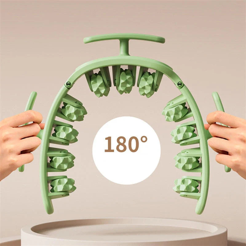 Manual round massager with 11 wheels for waist, buttocks, and thigh relief in white pink, white green, or green