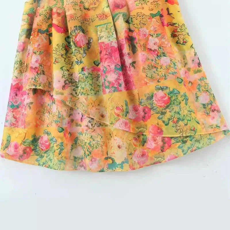 Elegant floral sundress in a variety of colors, featuring an A-line silhouette and ruffled detailing for a stylish and feminine look
