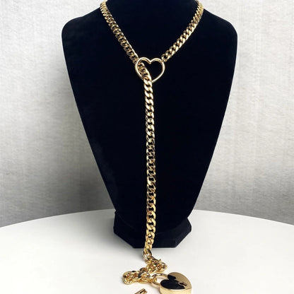 Adjustable Heart Slip Chain Necklace with Key Lock Charm in Black, Silver, and Gold Colours