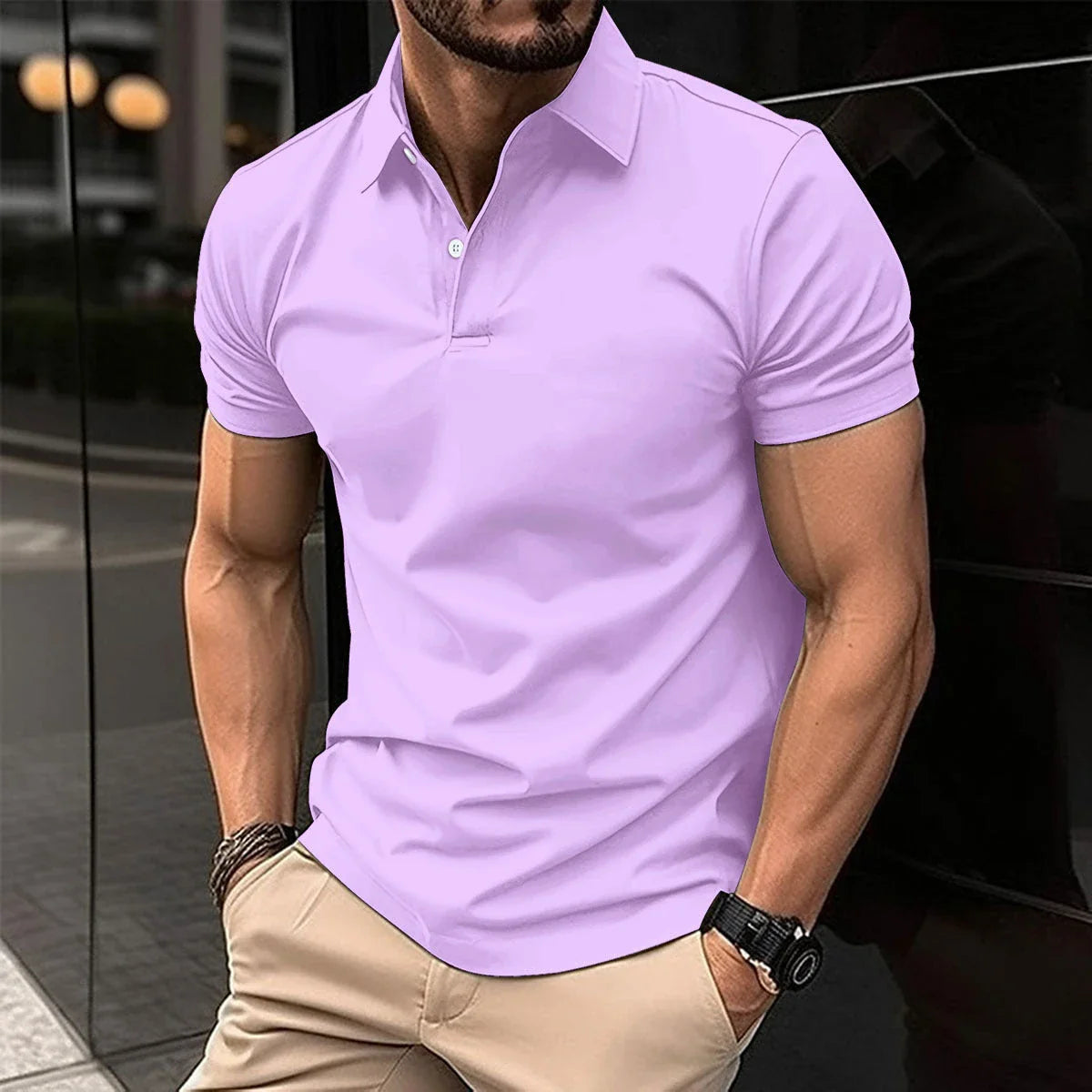Premium Short Sleeve Polo Shirt for Men in Solid Color with Button Lapel Design