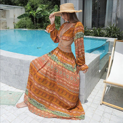 Elegant Women's Floral Long Sleeve Dress in vibrant orange, perfect for spring and summer occasions.