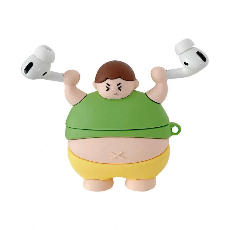 3D Cute Little Fat Man Lifting Weights Silicone Case for AirPods Pro