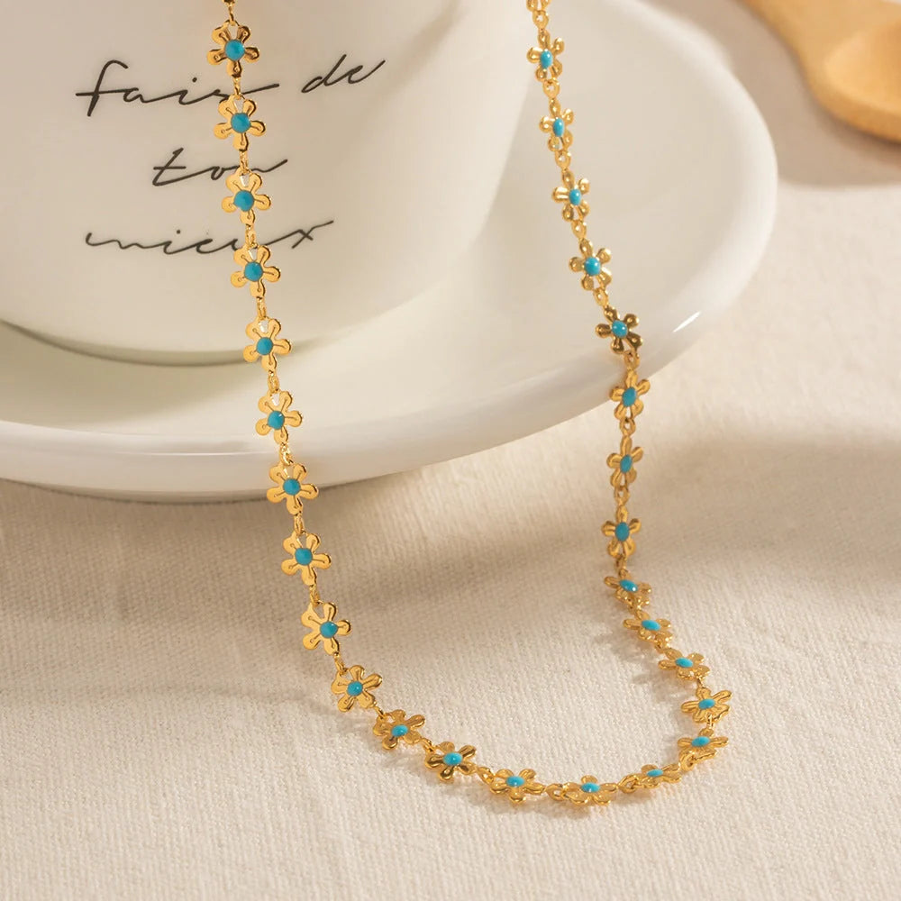 Elegant pastoral oil-spot glaze flower necklace and bracelet set in stainless steel