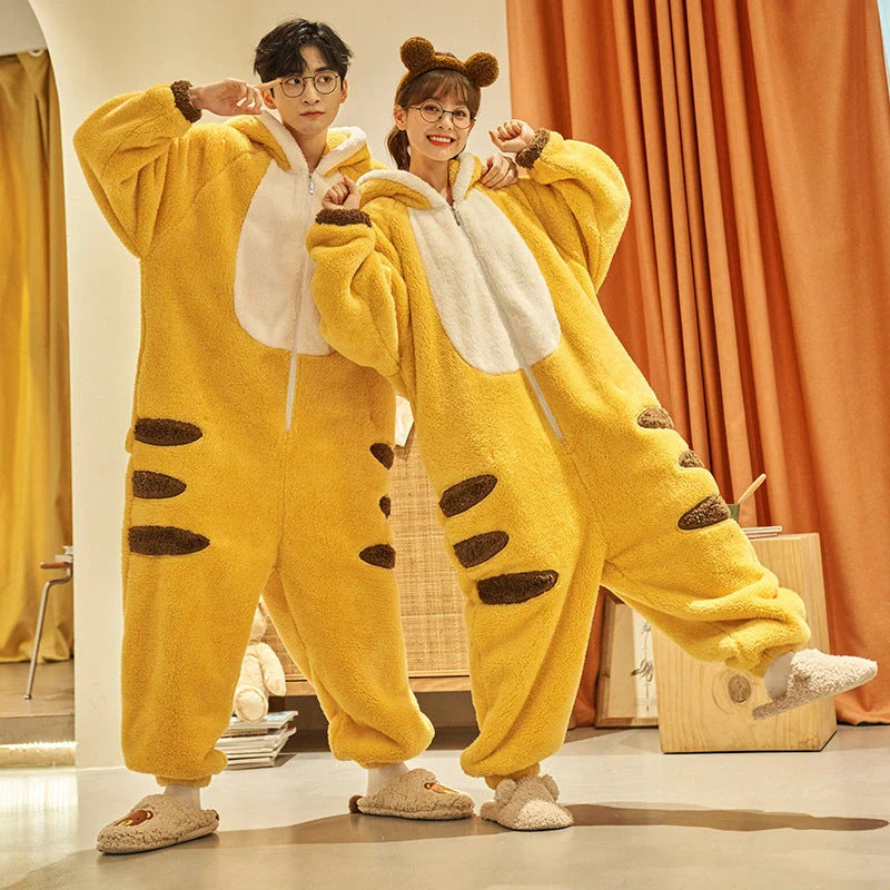 Cartoon design coral fleece winter jumpsuit for women and men