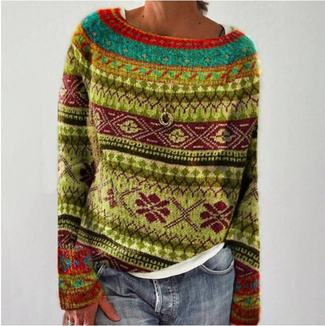 A stylish loose-fit knit jumper with a variety of colourful patterns and designs