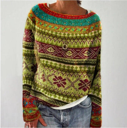 A stylish loose-fit knit jumper with a variety of colourful patterns and designs