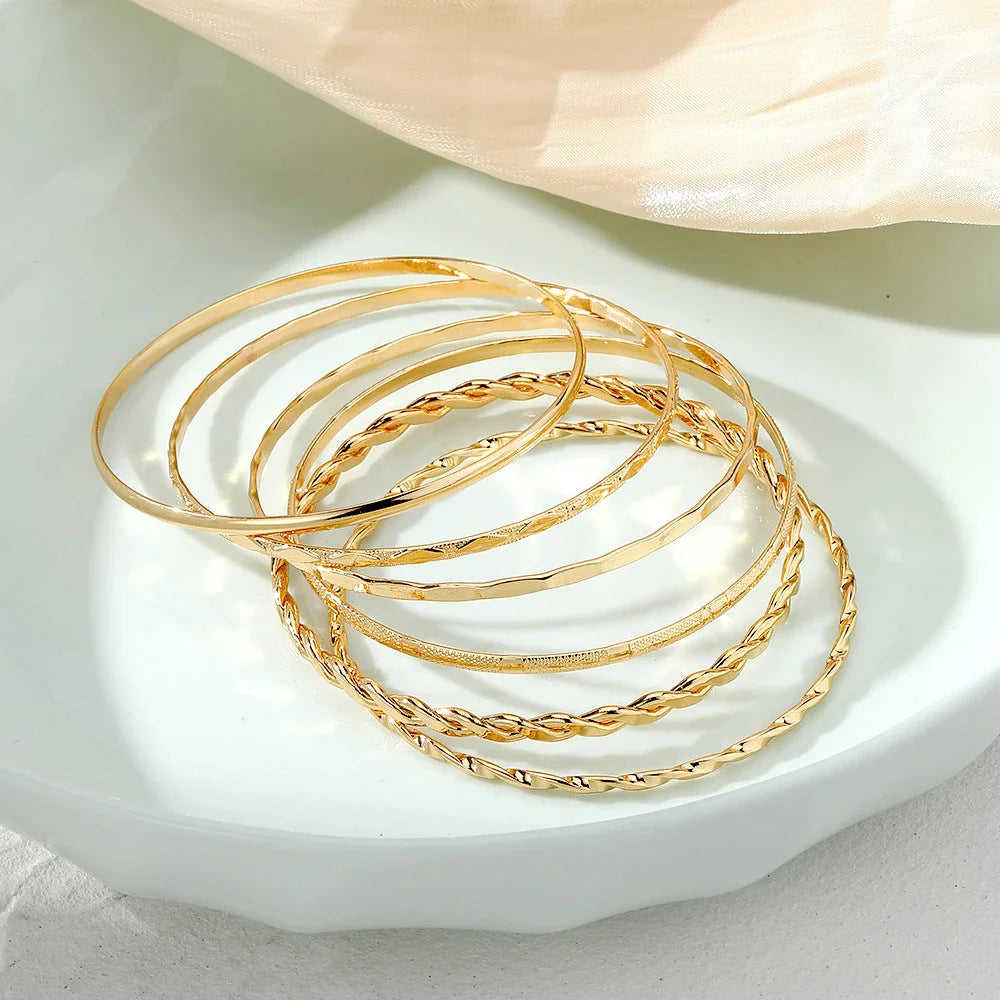 Bohemian Metal Chain Bracelet Set with Geometric Gold-tone Links for Women