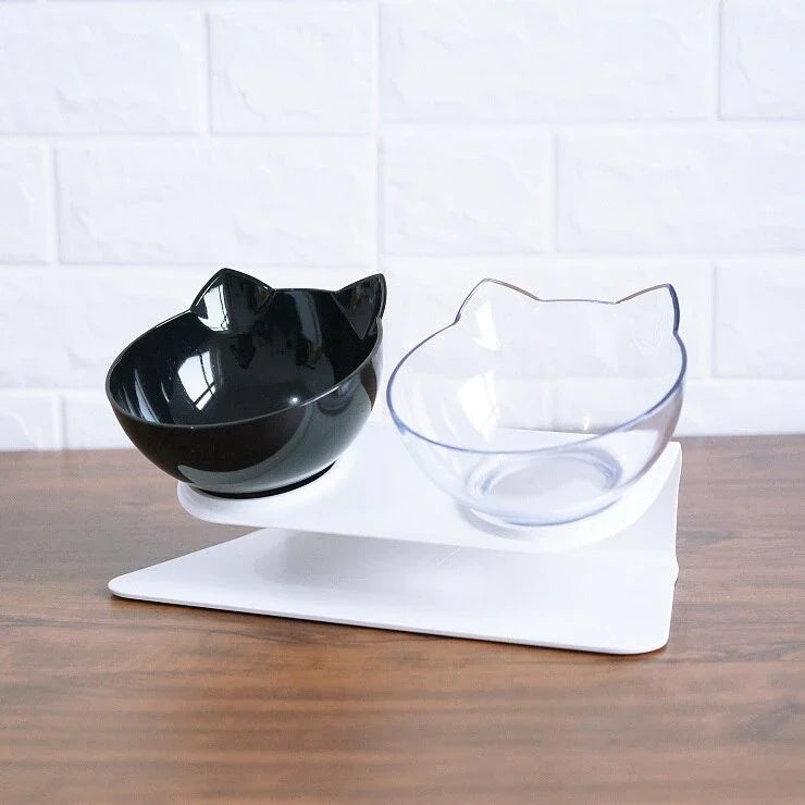 Elevated tilted pet bowl with non-slip stand in transparent, white, and black color options