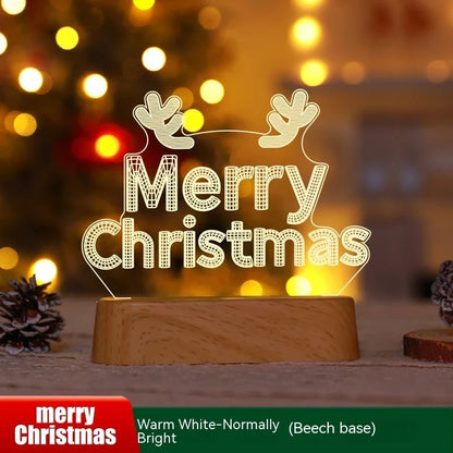 3D acrylic Christmas lights with various holiday-themed designs, including Christmas trees, elks, and Christmas dwarfs, providing warm, ambient lighting.