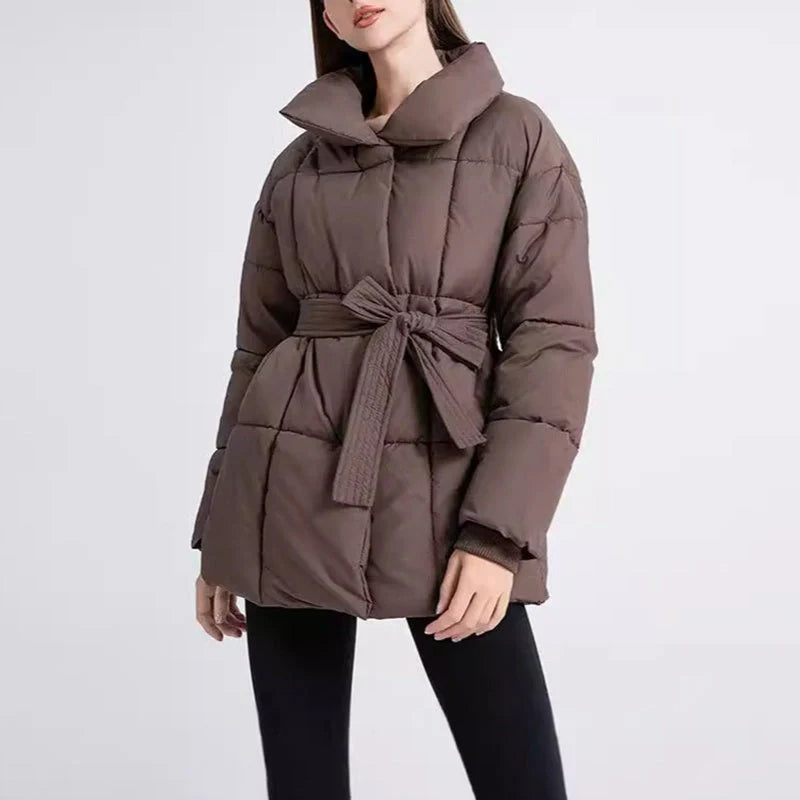 Winter plaid sewing lapel coat with lace-up design for women in black, white, and coffee