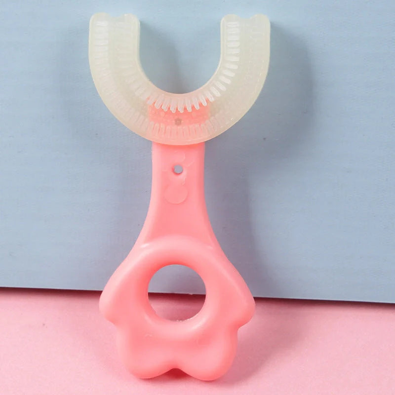 U-shaped baby toothbrush in yellow, pink, and blue, soft silicone for gentle oral care