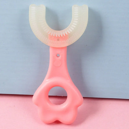 U-shaped baby toothbrush in yellow, pink, and blue, soft silicone for gentle oral care