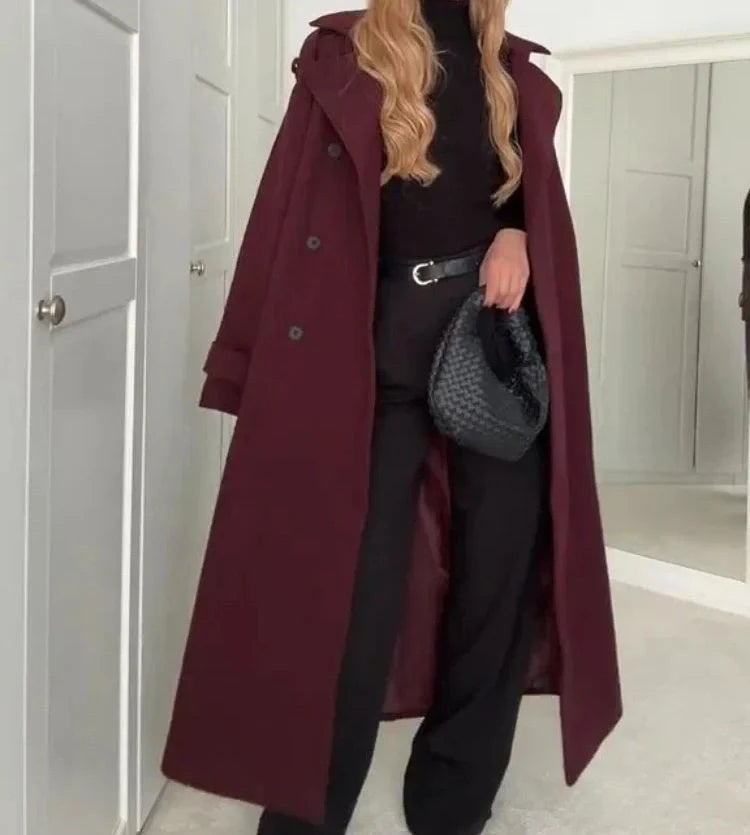 Women's wine red double-breasted woolen trench coat with belt, perfect for winter