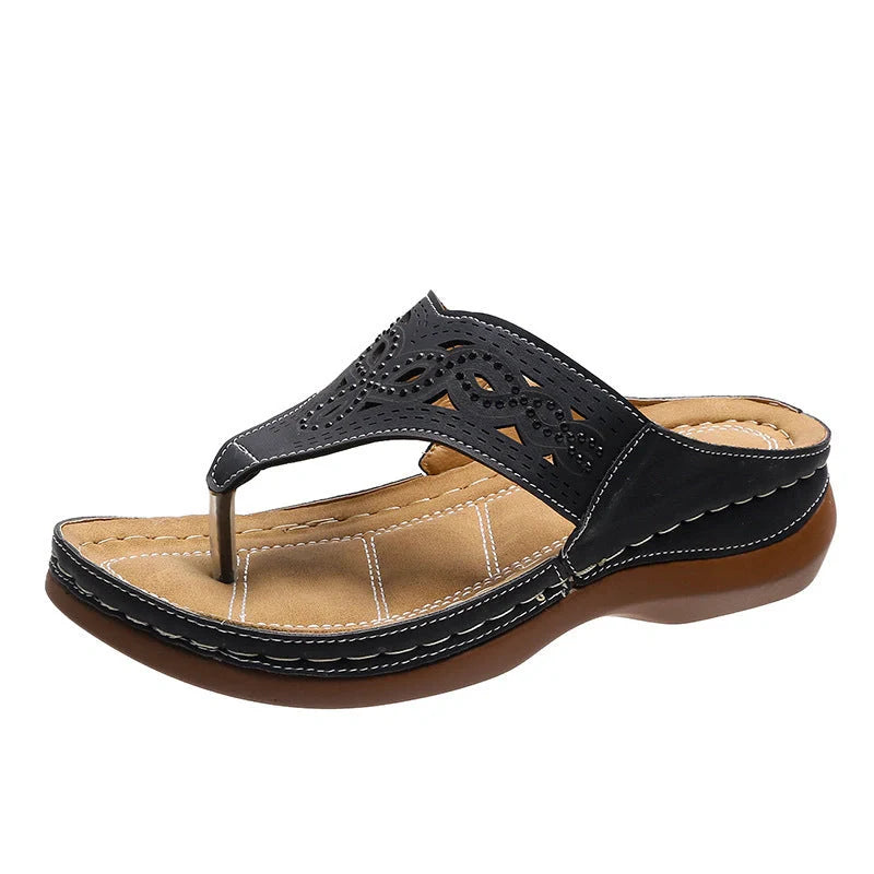 Women's clip toe wedge sandals with rhinestone accents in black, dark grey, and off-white