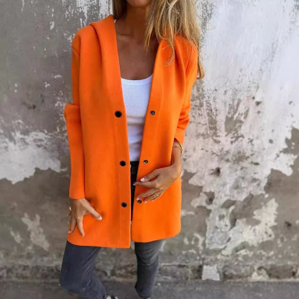 A stylish hooded cardigan jacket in various colors, featuring a single-breasted design and adjustable hood for versatile fashion.