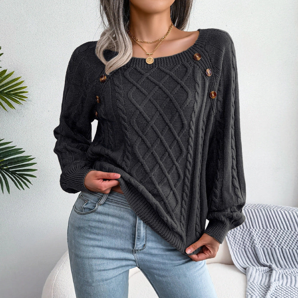 Women's square neck knitted sweater with button design in various colours