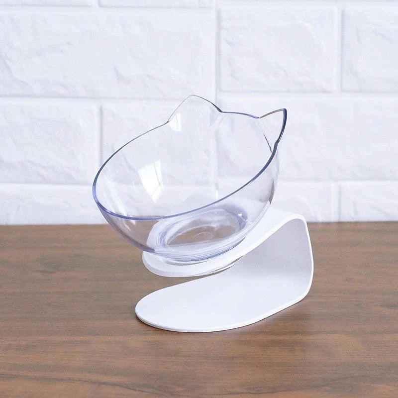 Elevated tilted pet bowl with non-slip stand in transparent, white, and black color options