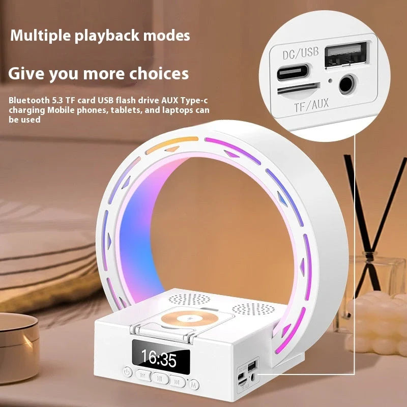 4-in-1 Wireless Bluetooth Speaker with charging pad and alarm clock in white and black