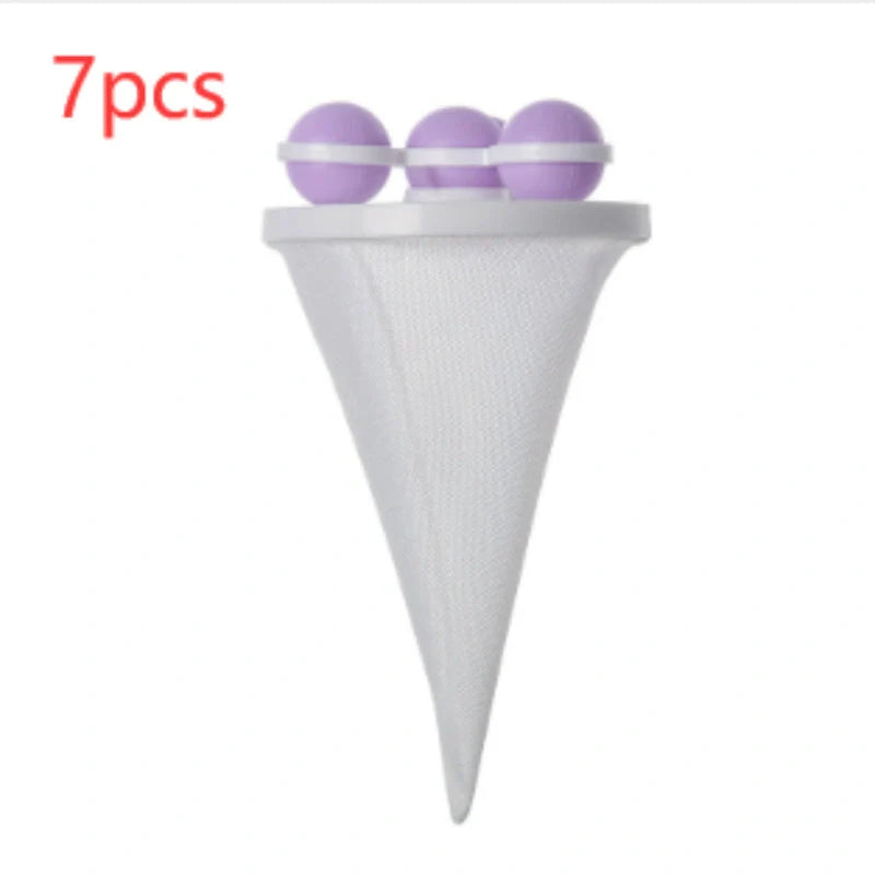 Gyroscopic Washing Machine Filter Pouch in purple, blue, and pink for lint and hair removal